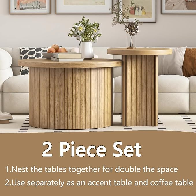 Mxtxmy Set of 2 Nesting Coffee Tables Farmhouse, Round Coffee Table Living Room - Image 7