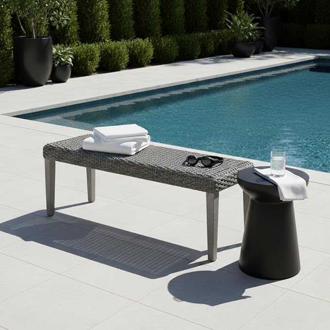 Outdoor Rattan Backless Bench, All-Weather Wicker & Solid Acacia Wood, - Image 10
