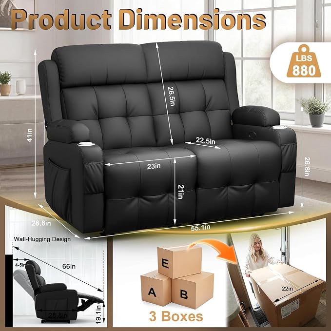 Reclining Loveseat with Pebble Texture Fabric, Loveseat Recliner with USB/Type - Image 3