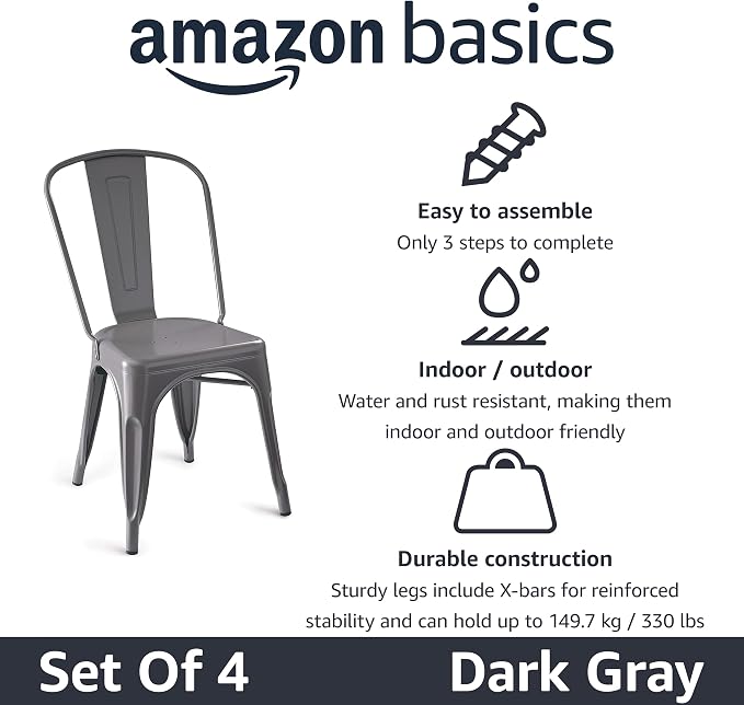 Amazon Basics Metal Dining Chairs, Indoor/Outdoor, 330-Pound Capacity, Dark Gray - Image 4