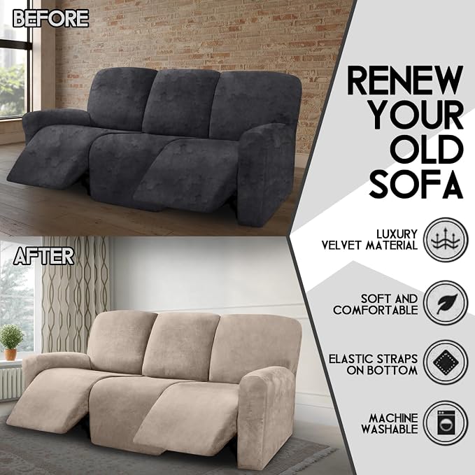 ULTICOR Velvet 8-Pieces Recliner Sofa Covers Stretch Reclining Couch Covers - Image 5