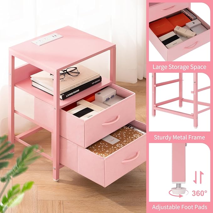 Yoobure Nightstand with Charging Station, Small Night Stand with Fabric Drawers - Image 8