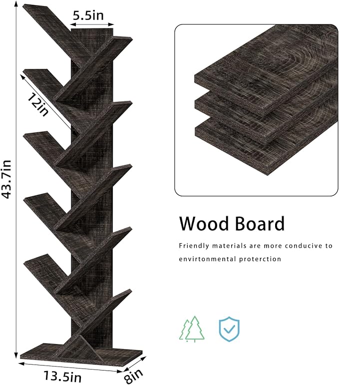 SHEEPAM 10 Tier Tree Book Shelf, Floor Standing Wood Bookshelf - Image 3