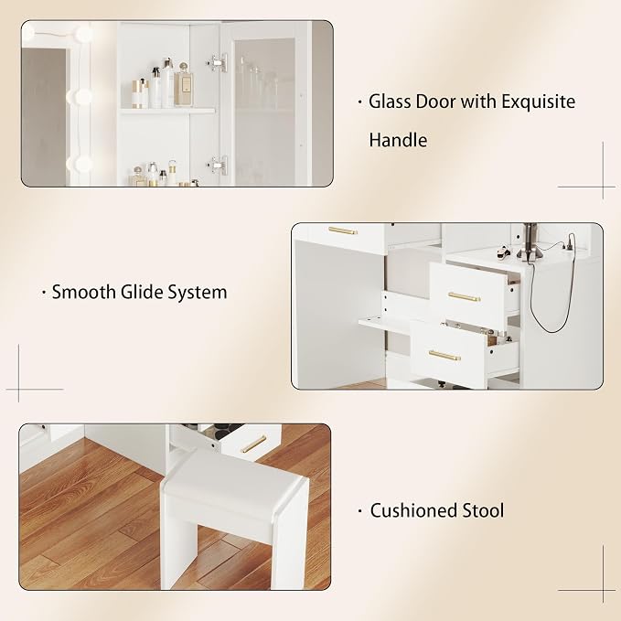 TOKSOM White Vanity Desk with Mirror, Lights & Charging Station, 2 Cabinets and - Image 8