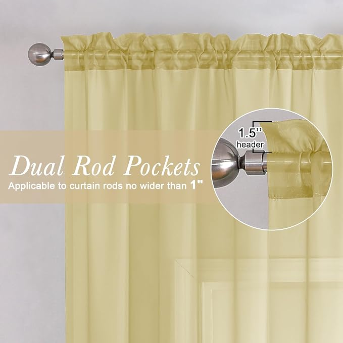 Yellow Sheer Curtains 96 Inches Long 2 Panels, Gauzy Light Filtering Breathable - Image 4