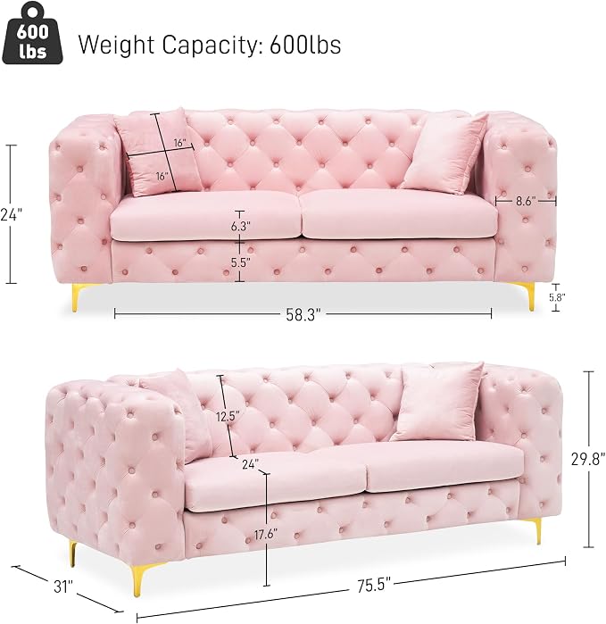 DAMAIFROM 75" Sofa Couch Mid Century Modern Velvet Couch Tufted Button Sofa - Image 2