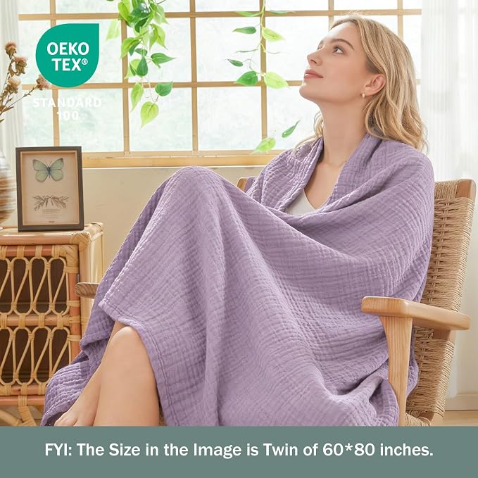 EMME Cotton Blanket Queen Size for Bed Soft Large Muslin Bed Blankets 90"x90" - Image 2