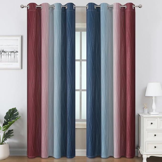 Navy Blue and Burgundy Red Ombre Blackout Curtains - Image 2