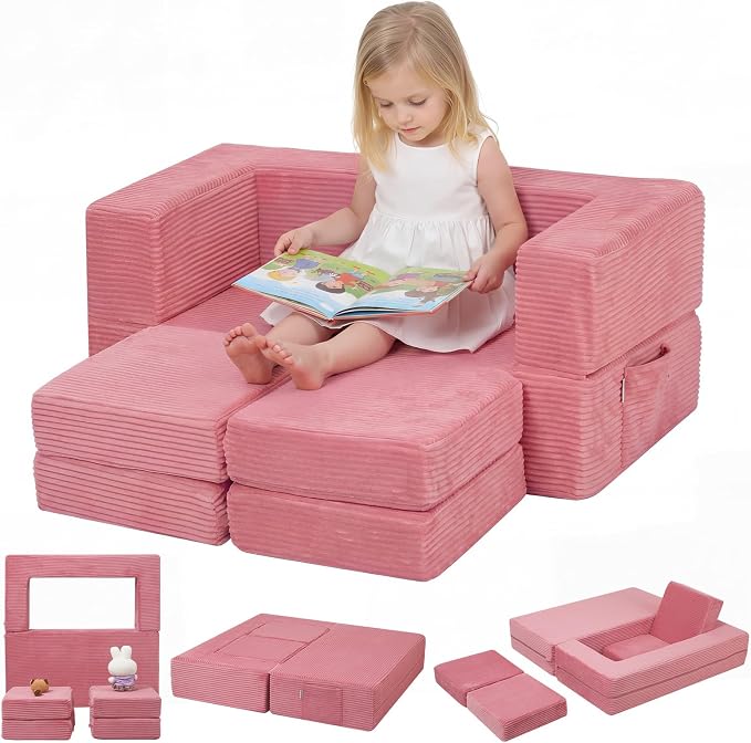 MeMoreCool Pink Corduroy Kids Play Couch, Modular Toddler Couch by MeMoreCool