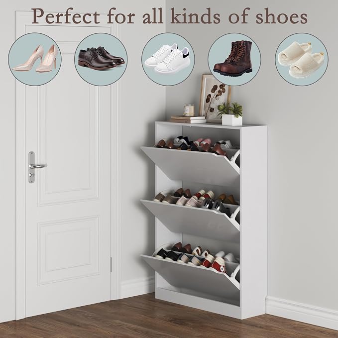 BORNOON Shoe Cabinet with 3 Flip Drawers, Hidden Wood Shoe Cabinet, - Image 4