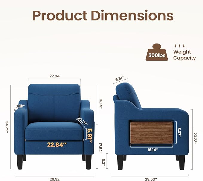 Accent Chair for Living Room Modern Linen Upholstered Armchair Side Wooden - Image 2