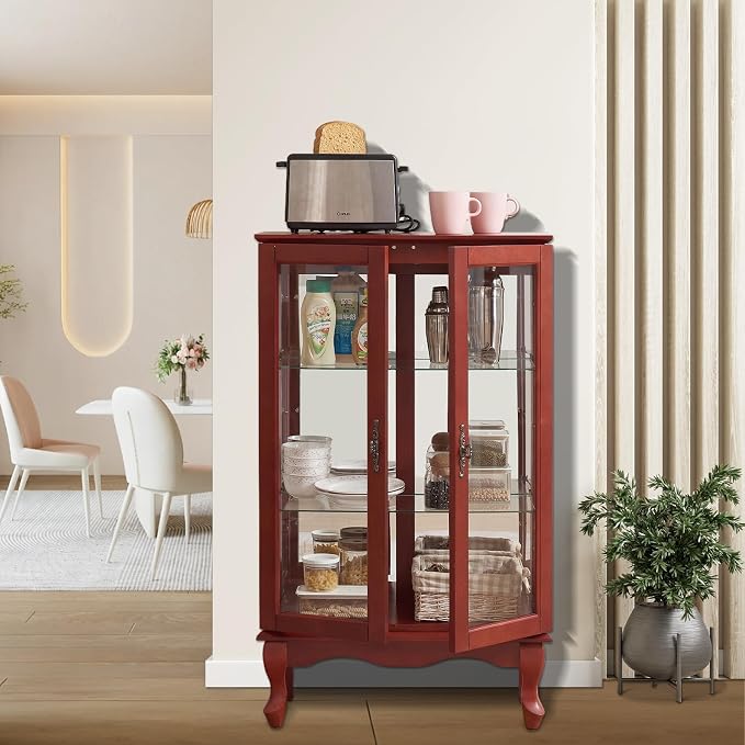 Curio Cabinet With Lighted Tall Leg Glass Door, Antique Display With Mirrored - Image 6