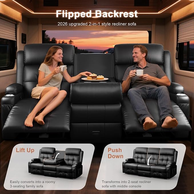 RV Loveseat Recliner Sofa, Oversized Massage Wall Hugger 3-Seater Recliners - Image 3