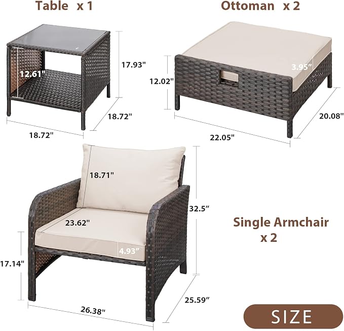 LEVELEVE Balcony Furniture 5 Piece Patio Conversation Set, PE Wicker Rattan - Image 2