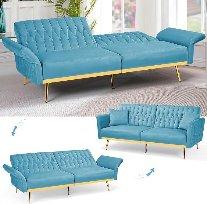 70” Velvet Futon Sofa Bed with 2 Pillows and Adjustable Armrests, Convertible - Image 6
