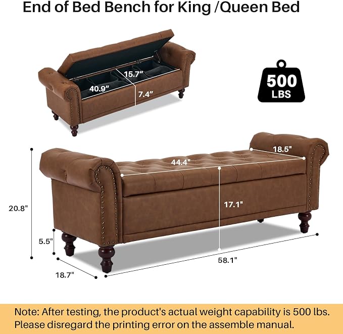SOFTHION 58.1" Storage Bench Upholstered PU Leather End of Bedroom Bed Bench - Image 2
