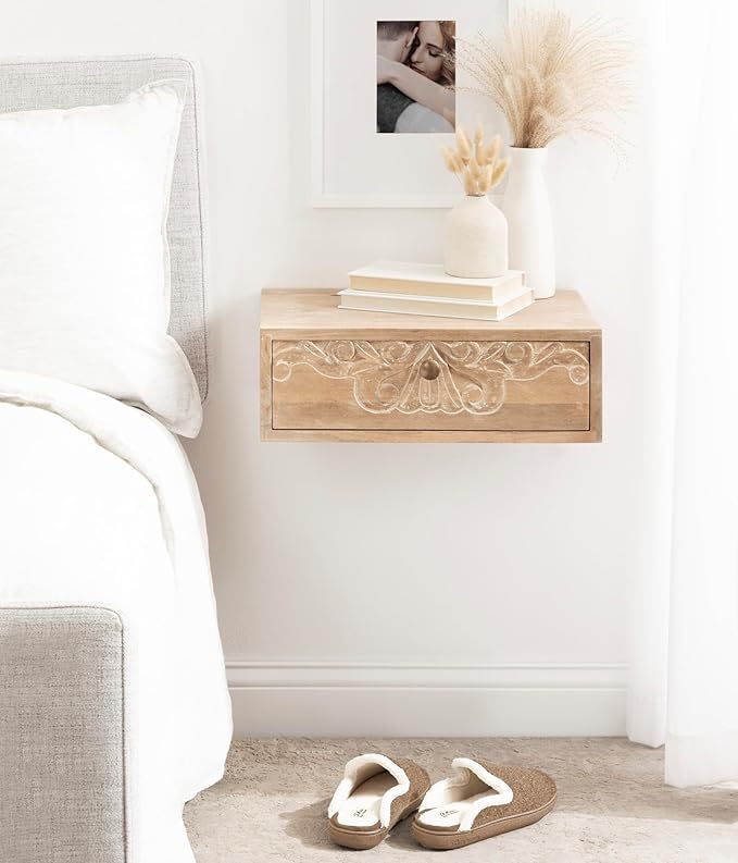 Kate and Laurel Mirza Transitional Carved Wood Floating Side Table, Natural Wood - Image 4