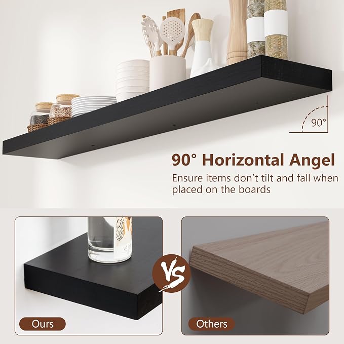 fuqing Black Floating Shelves 48 Inch, Solid Wood Wall Mounted Shelves Set of 2 - Image 5