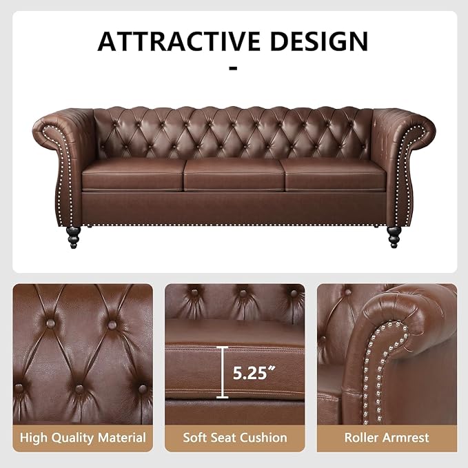 Mid-Century 3 Seater Sofa, Faux Leather Couch - Image 4