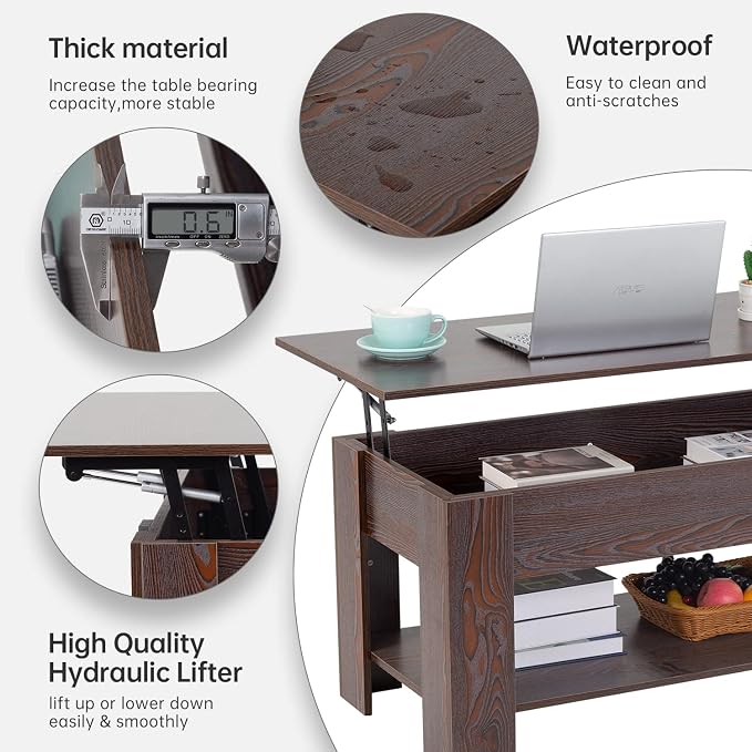 FDW Lift Top Coffee Table with Hidden Compartment and Storage Shelf Wooden Lift - Image 4