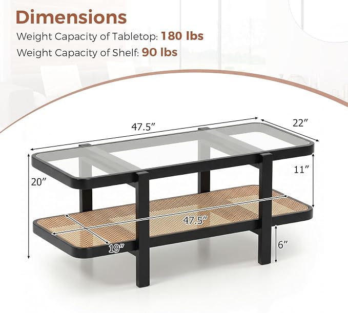 Giantex Rattan Coffee Table, 47.5" Rectangle Solid Wood Tea Table w/Tempered - Image 2