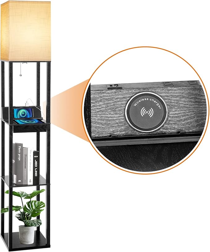 Floor Lamp with Shelves, RUNTOP LED Shelf Floor Lamp with Wireless Charger & 2 - Image 2