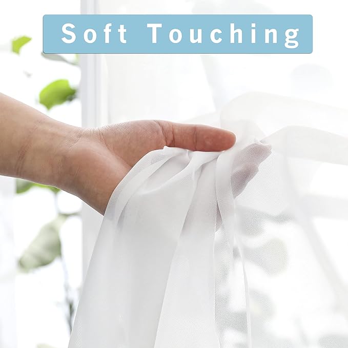 White Sheer Curtains 108" inches Length 2 Panels Set, Sheer Curtains Rod Pocket - Image 3