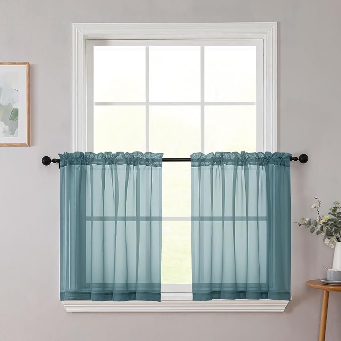 Kitchen Curtains 24 Inch Length Tier 2 Pieces, Dusty Blue Sheer Curtain Solid by WelvetBLK