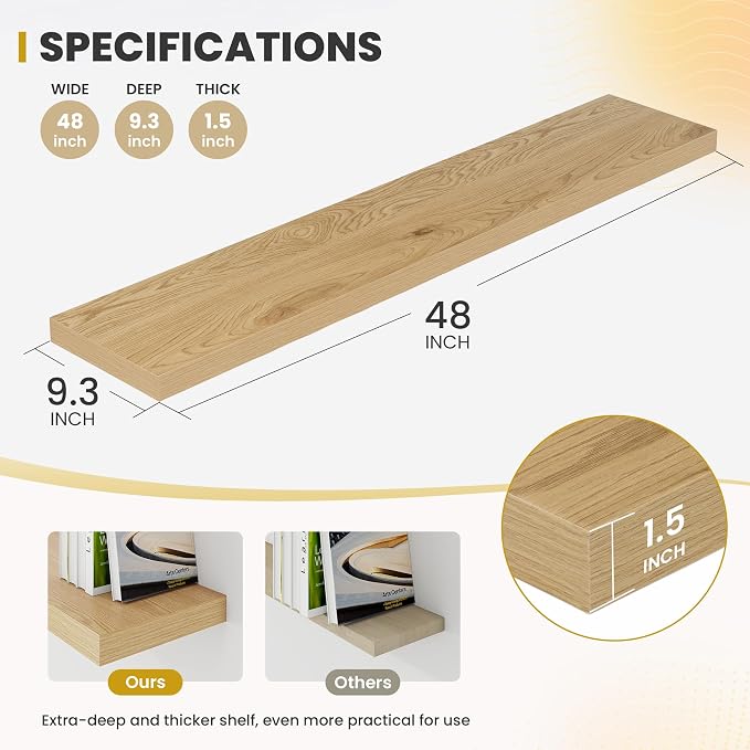 Acovy 48 Inch Floating Shelves, 9.3" Deep Floating Shelf Wall Mounted, Rustic - Image 3