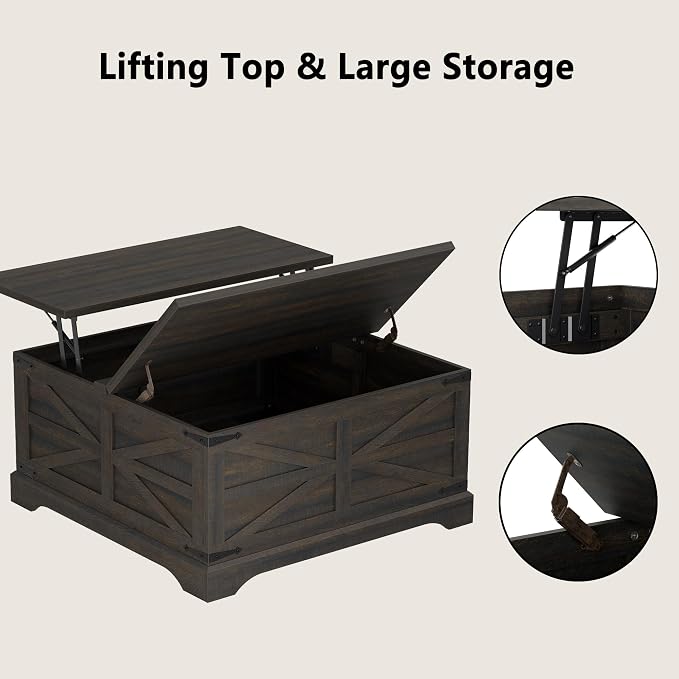 Furnideco 35.5''W Square Coffee Table Farmhouse Lift top Coffee Table - Image 7