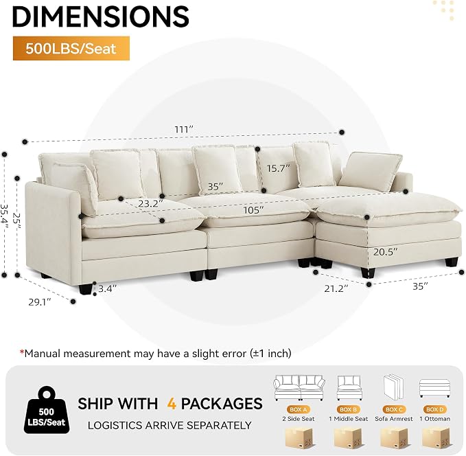 111'' Sectional Cloud Deep Seat Couch, Modern Comfy Chenille L Shaped Sectional - Image 2