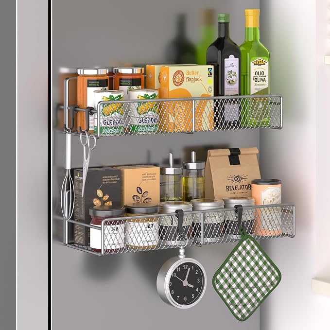 Magnetic Spice Rack for Refrigerator, 2 Pack Metal Magnetic Shelf Grey by DTUQYX