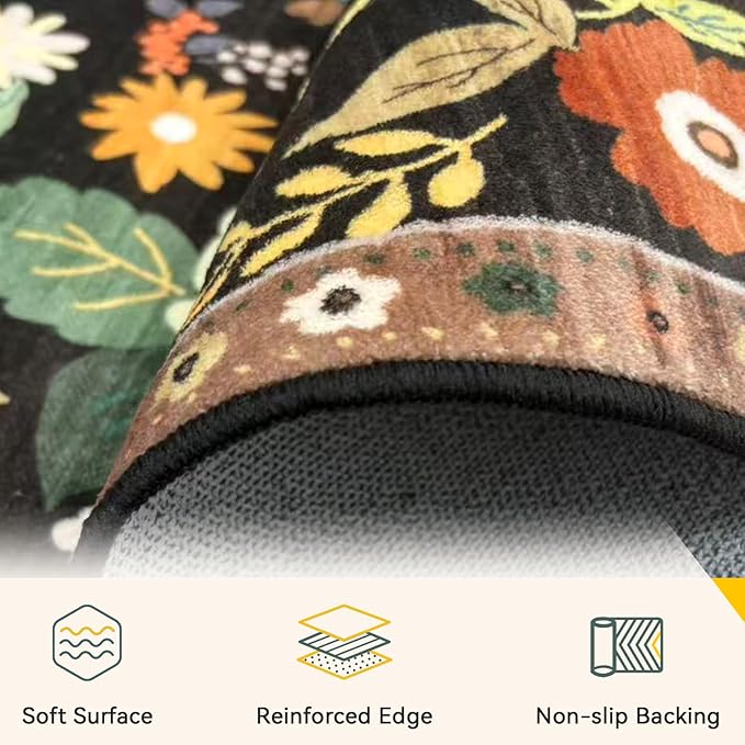 RELEANY Floral Washable 9x12 Area Rugs Black/Yellow | Flower Carpet Print Boho - Image 3
