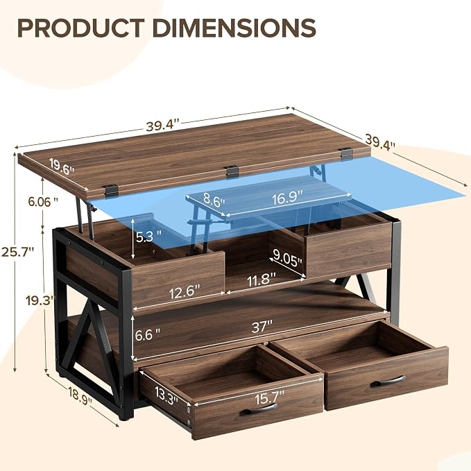 Memobarco 40" Lift Top Coffee Table, 4 in 1 Multi-Function Lift Coffee Tables - Image 2
