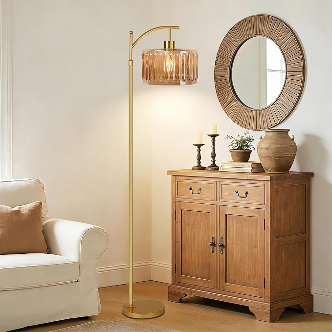 ILLMTW Glass Floor Lamp for Living Room, Dimmable Brass Tall Lamp Amber Flower - Image 3