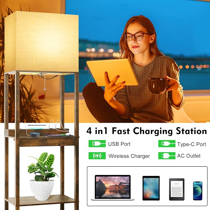 RUNTOP Floor Lamp with Shelves, Plus Shelf Lamp with Wireless Charger, 2 USB - Image 2