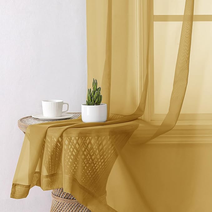 Gold Sheer Curtains 72 Inch Length 2 Panels, Light Filtering Voile Window Drapes - Image 4
