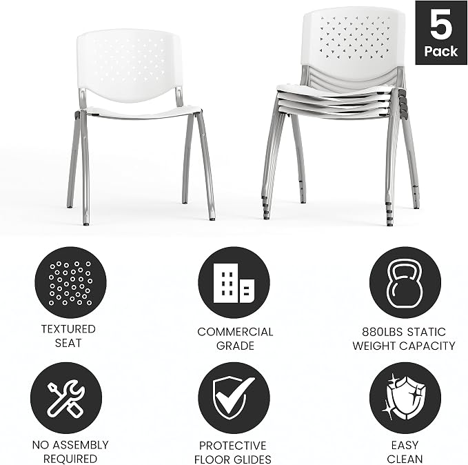 Flash Furniture HERCULES -5 Pack 880 lb. Capacity White Plastic Stack Chair | - Image 5