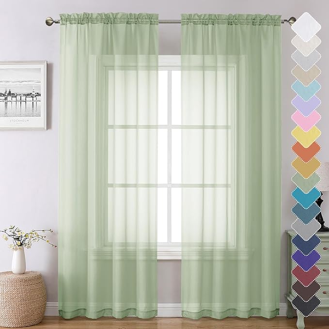 Chyhomenyc Light Green Sheer Curtains 84 Inches Long, 2 Panels | Light Filtering by Chyhomenyc
