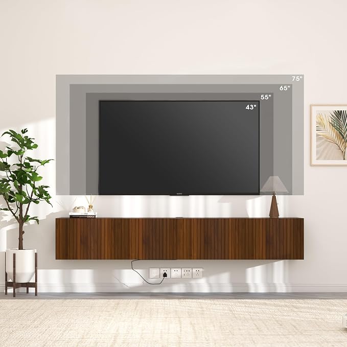 71” Floating TV Stand with LED Lights & Charging Station, Wall Mounted - Image 5
