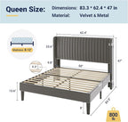 Allewie Queen Size Velvet Bed Frame/Vertical Channel Tufted Wingback - Image 2