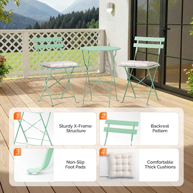 VINGLI Outdoor Folding Bistro Table and Chairs Set of 2, 3-Piece Bistro Set - Image 8