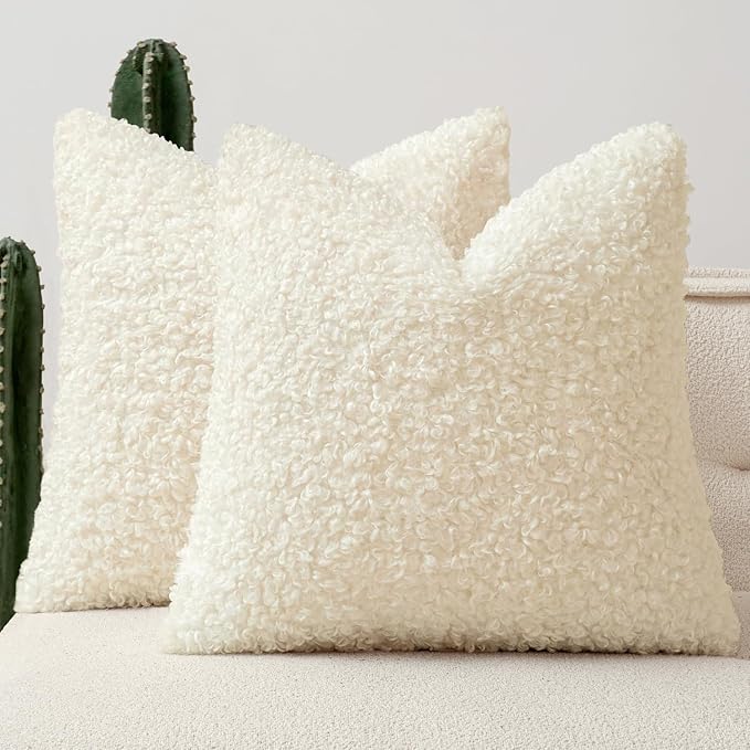 Faux Fur Throw Pillow Covers 20x20 Inch Set of 2 Boucle Neutral Decorative by Woaboy
