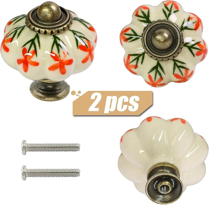Ivory & Orange Pumpkin Knobs 2 Pack Ceramic Cabinet Knobs Vintage Drawer Pulls - Image 3