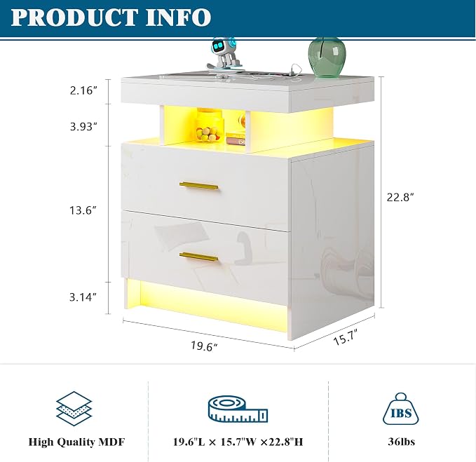 WOOVIVS Night Stand with Light, High Gloss Nightstand with USB/Wireless - Image 2