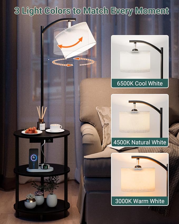 Round Side Table with Lamp and USB Ports, 3-Tier Small End Table - Image 4