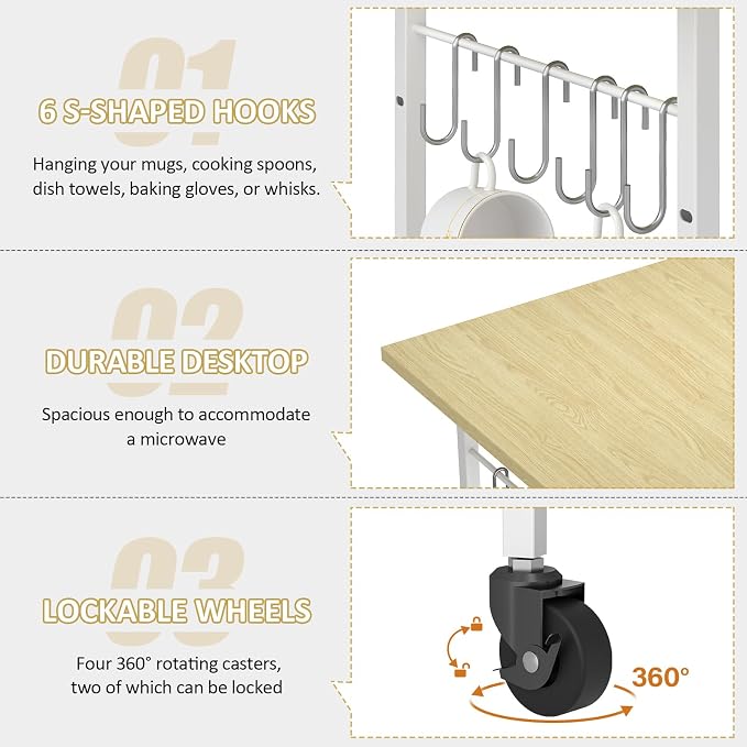 ThreeHio Rolling Kitchen Microwave Cart, 3 Tier Microwave Table Stand - Image 4