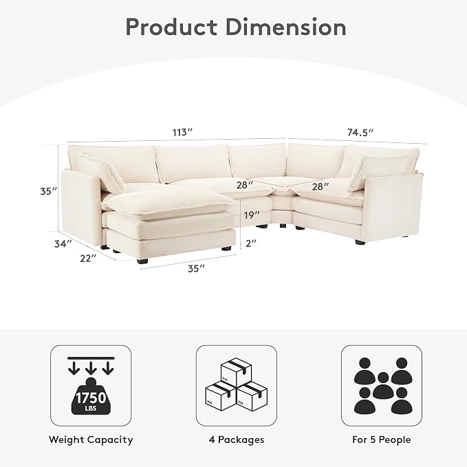 ROWHY 113'' Modular Sectional Cloud Couch, 5 Seater Corner Sofa Big Comfy - Image 2