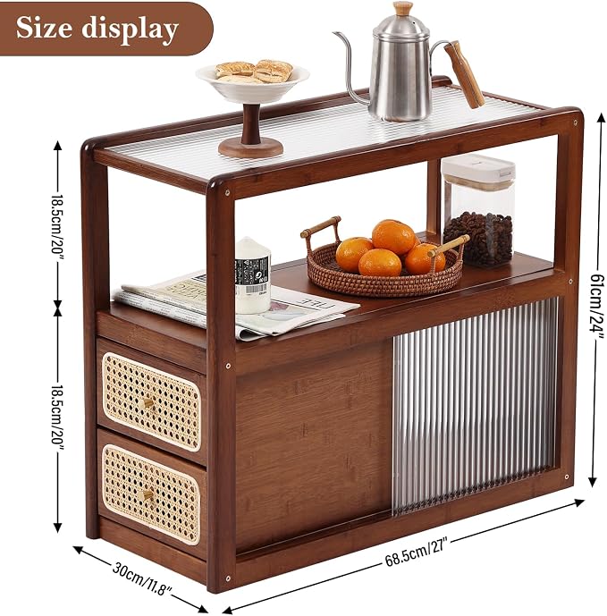 Tiita Rattan Nightstand Side Table, Bamboo Accent Bedside Tables, Glass Coffee - Image 2