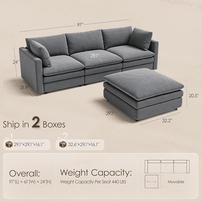 97" Cloud Couches for Living Room, 29.1" Deep Seat Modular Sectional Sofa - Image 2